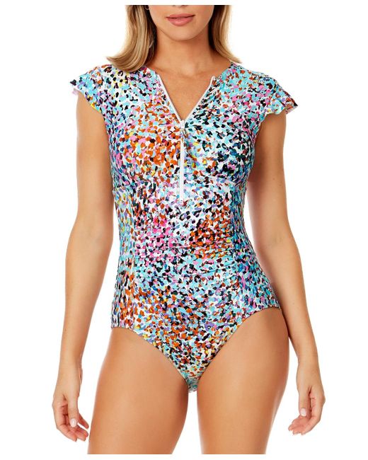 Anne Cole Blue Printed Flutter-sleeve Zip-up One-piece Swimsuit