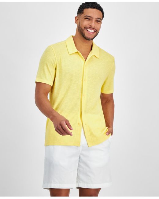 INC International Concepts Yellow Regular-fit Variegated Ribbed-knit Button-down Camp Shirt for men
