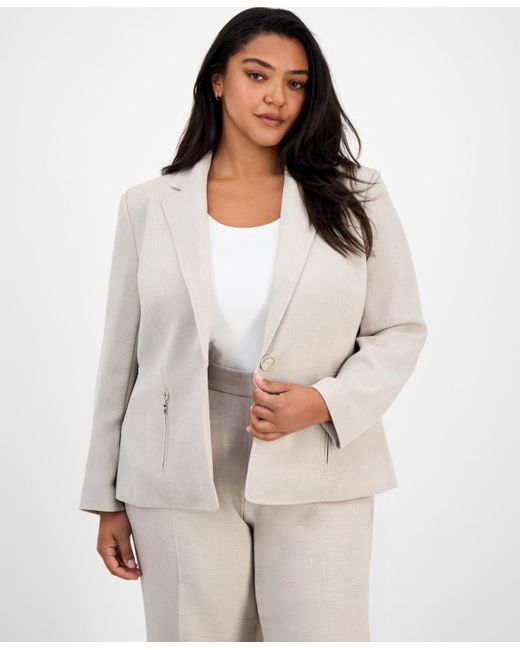 Kasper White Plus Size One-button Zip-pocket Blazer