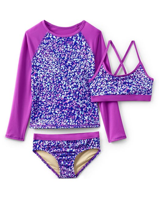 Lands' End Purple Girls Slim Chlorine Resistant Rash Guard Swim Top Bikini Top And Bottoms Upf 50 Swimsuit Set