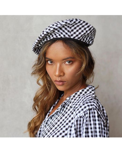 BrunnaCo White Simone Gingham Beret Hat In
