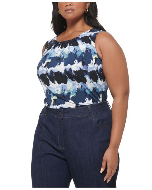 Calvin Klein Plus Size Printed Pleat-neck Sleeveless Top in Blue | Lyst