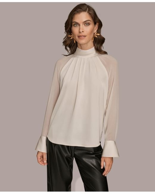 Donna Karan Natural High Neck Mix Media Blouse