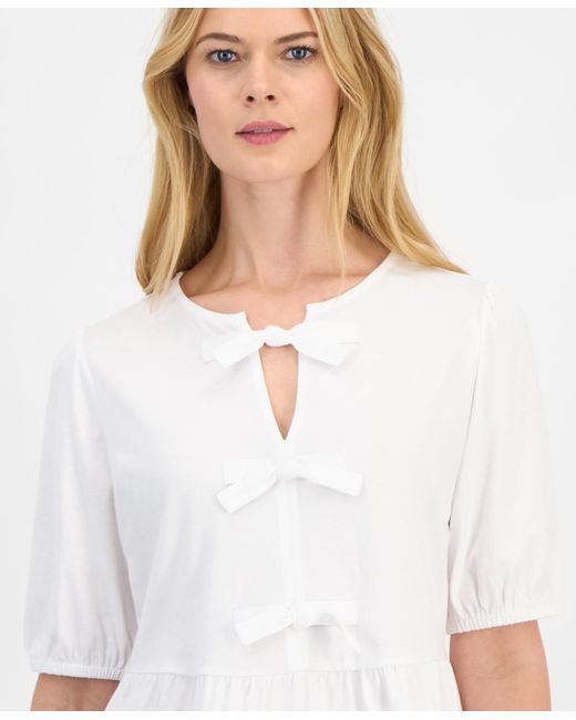 Nautica White Solid Bow Peplum Top