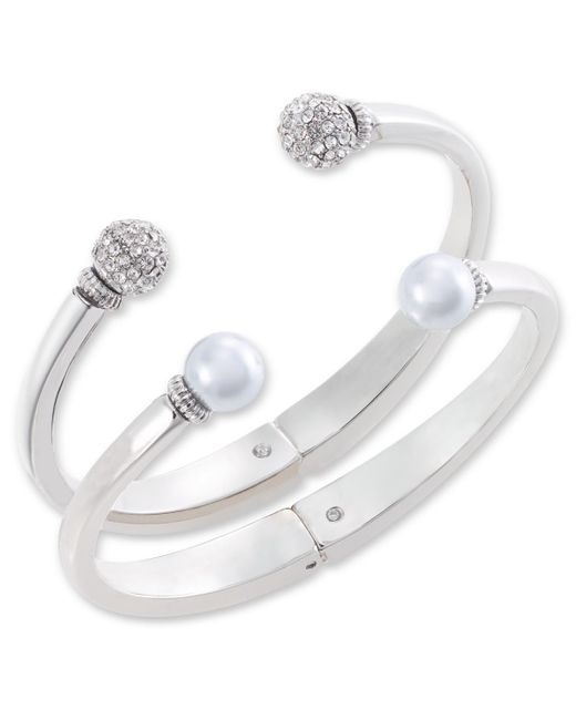 Charter Club White 2-pc. Set Pave Fireball & Pink Imitation Pearl Cuff Bracelets