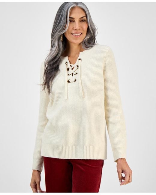 Style & Co. White Lace-up Long-sleeve Sweater