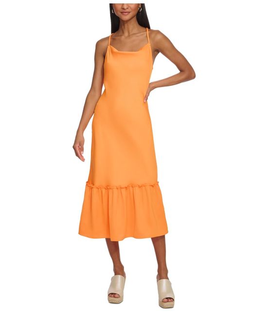 Karl Lagerfeld Orange Cowl-neck Ruffle Bottom Midi Dress