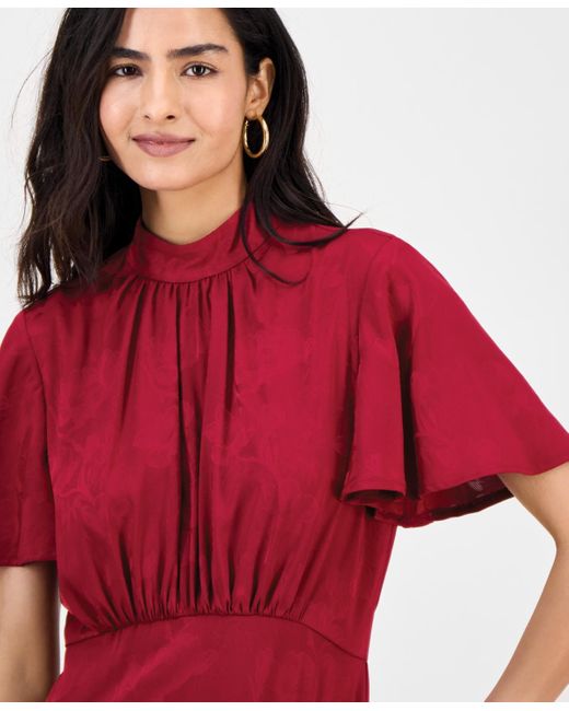Julia Jordan Red High-neck Flounce-sleeve Midi Dress