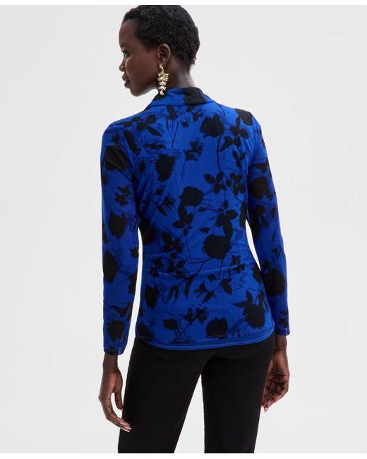INC International Concepts Blue Long-sleeve Mesh Button Up Top