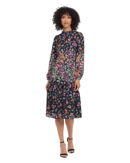 Maggy London Red Crew Neck Long-sleeve Midi Dress