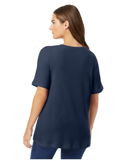 Woman Within Blue Plus Size Within Waffle Thermal Satin Trim Tee