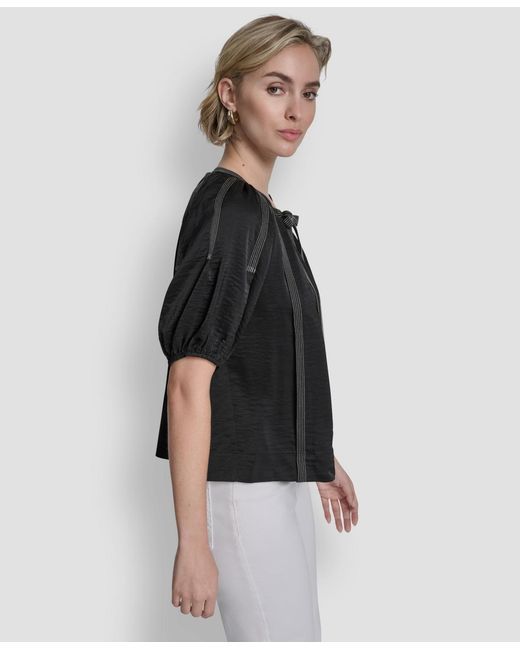 DKNY Black Puff-sleeve Top Stitch Tie Front Blouse