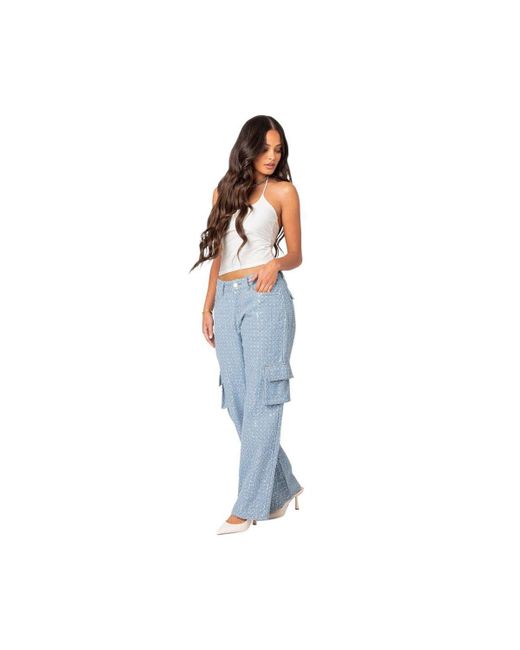 Edikted Blue Icing Sequin Low Rise Cargo Jeans
