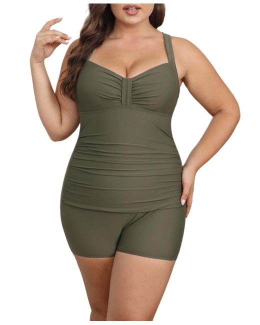 CUPSHE Tummy Control Ruched Boyleg Back Tie Plus Size One Piece Swimsuit in  Green