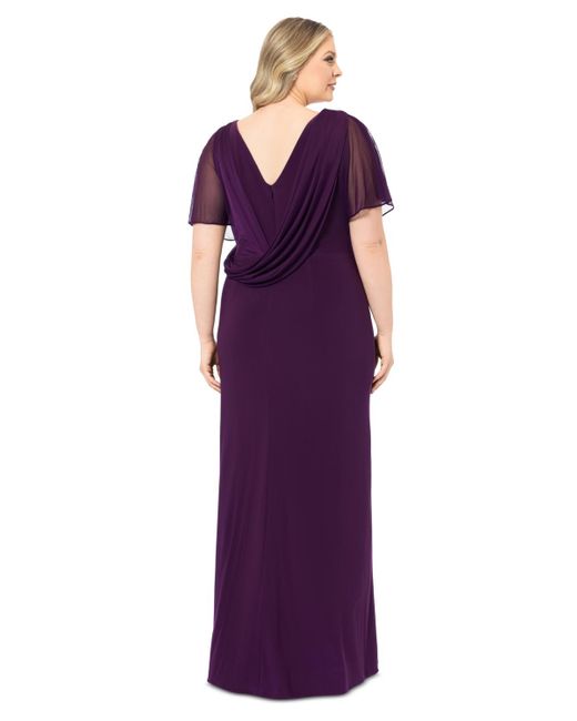 Betsy & Adam Purple Plus Size Draped-back Flutter-sleeve Gown