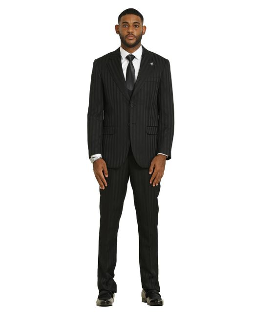 Stacy Adams Black Tone On Tone 3-piece Jacket With Solid Vest And Pants Suit Peak Lapel for men