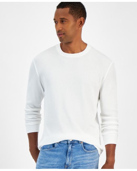 Club Room White Thermal Long-sleeve Ribbed Crewneck Sweater for men