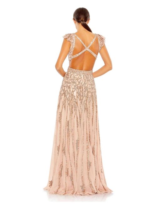 Mac Duggal Natural Sequined Flutter Cap Sleeve Cut Out A Line Gown
