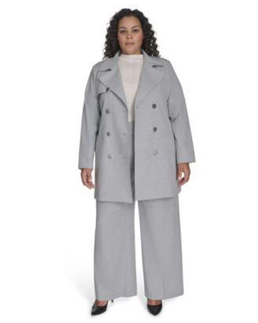 Calvin Klein Gray Plus Size Double Breasted Belted Trench Coat Cable Knit Cap Sleeve Sweater High Rise Wide Leg Pants
