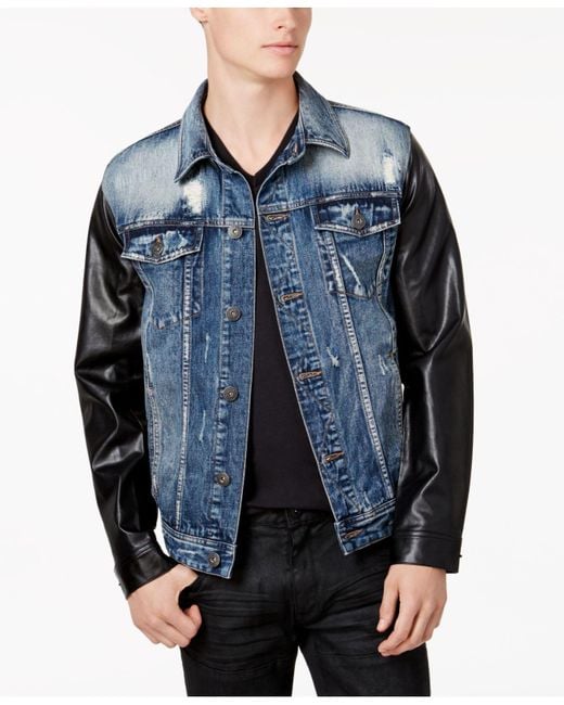 INC International Concepts Blue Men's Denim Jacket With Faux-leather Sleeves for men