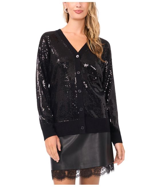 Vince Camuto Black Sequin Long Sleeves Cardigan Sweater