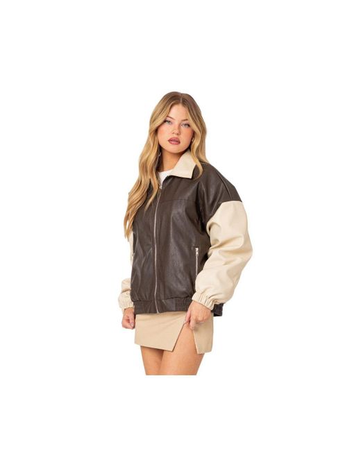 Edikted Brown Two Tone Faux Leather Bomber Jacket