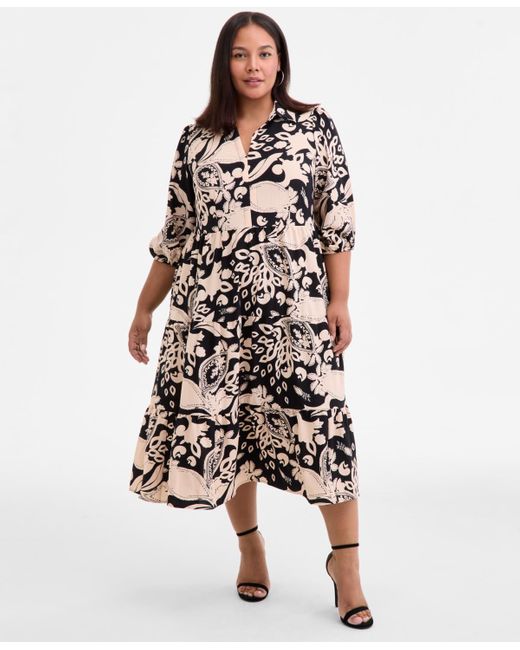 Sandra Darren White Plus Size Printed Spread-collar Midi Dress