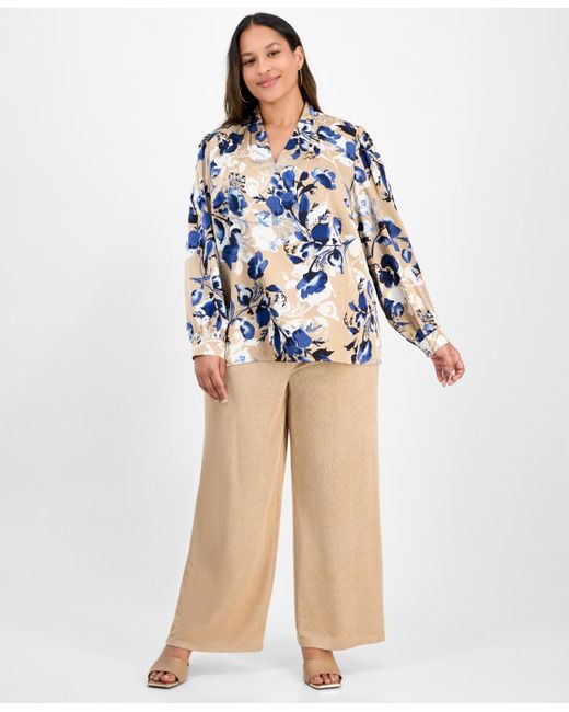 Kasper Blue Plus Size Pleated V-neck Floral Print Blouse