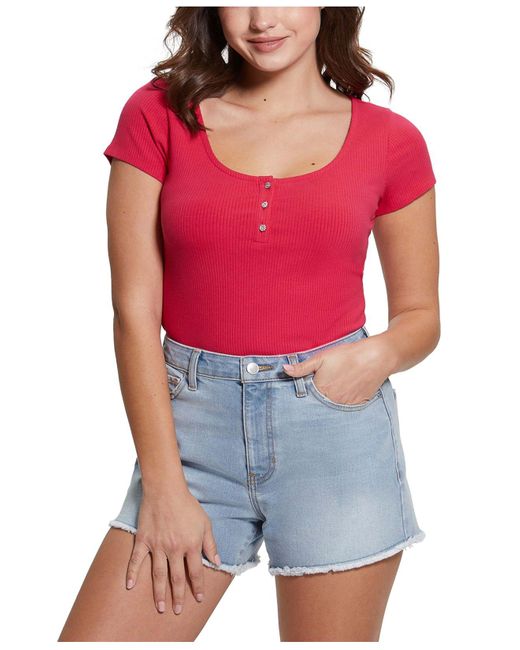 Guess Women's Karlee Jewelbutton Ribbed Henley Top in Red Lyst