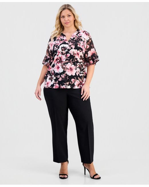 Anne Klein Essentials Red Plus Size Split-neck Printed Flutter-sleeve Top