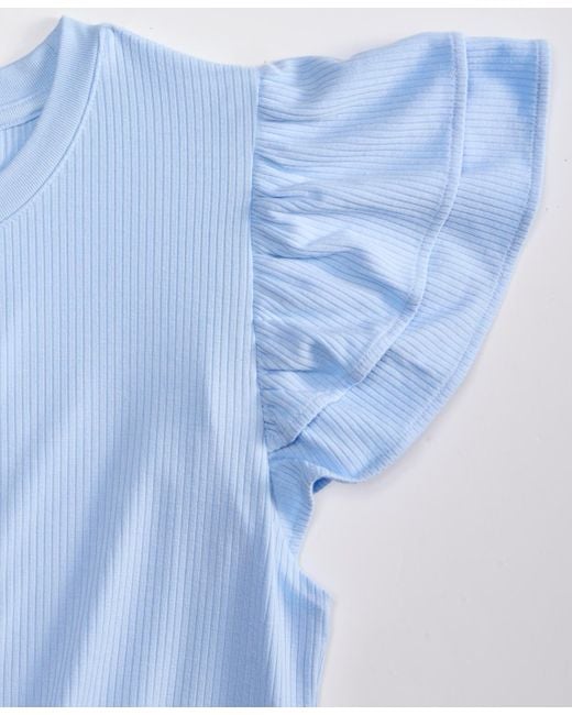 On 34th Blue Flutter-sleeve Ribbed Top