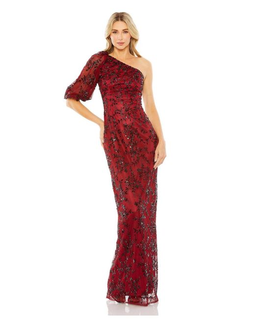 Mac Duggal Red One Shoulder Puff Sleeve Embellished Column Gown