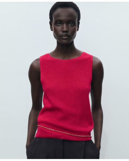 Mango Red Fine Ribbed Knit Top