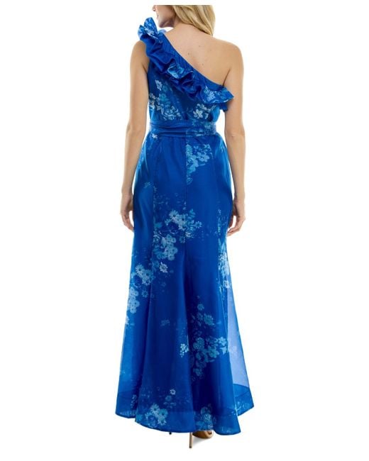 Taylor Blue Ruffled One-shoulder Organza Gown