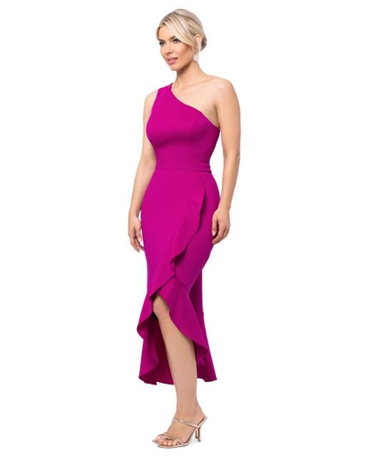 Xscape Pink Ruffled One-shoudler Midi Dress