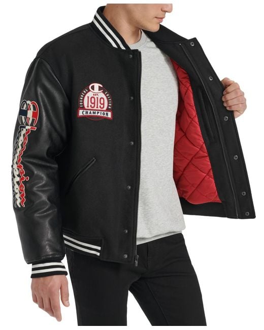 Champion Black Logo-patch Mixed-media Varsity Jacket for men