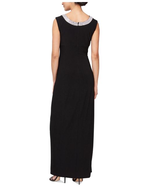 Alex Evenings Black Embellished-neck Side-slit Gown
