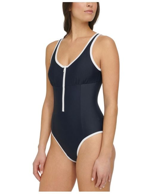 Tommy Hilfiger Blue Zip-front One-piece Swimsuit