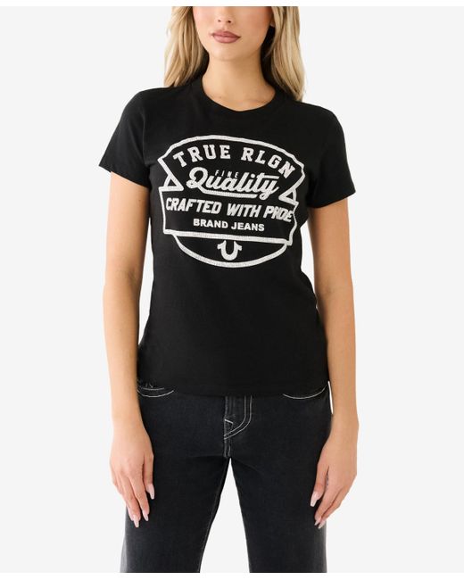 True Religion Black Shorts Sleeve Crystal Logo Crew T-shirt