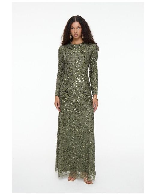 MARYISA Modest Embellished Sequin Beaded Maxi Dress in Green