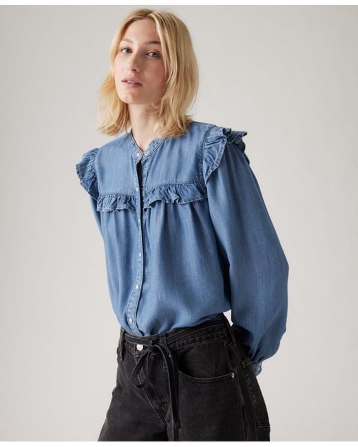 Levi's Blue Gianna Long Sleeve Ruffle Trim Blouse