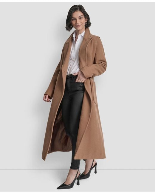 DKNY Notch Collar Belted Wrap Coat in Brown | Lyst