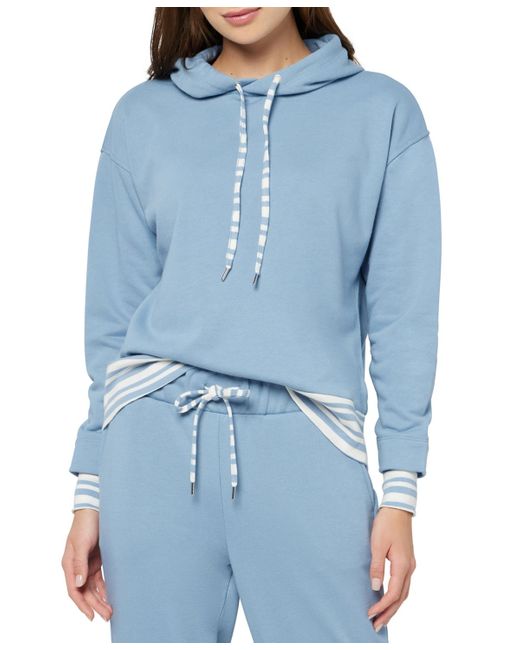 Three Dots Blue Striped Trim Pullover Hoodie