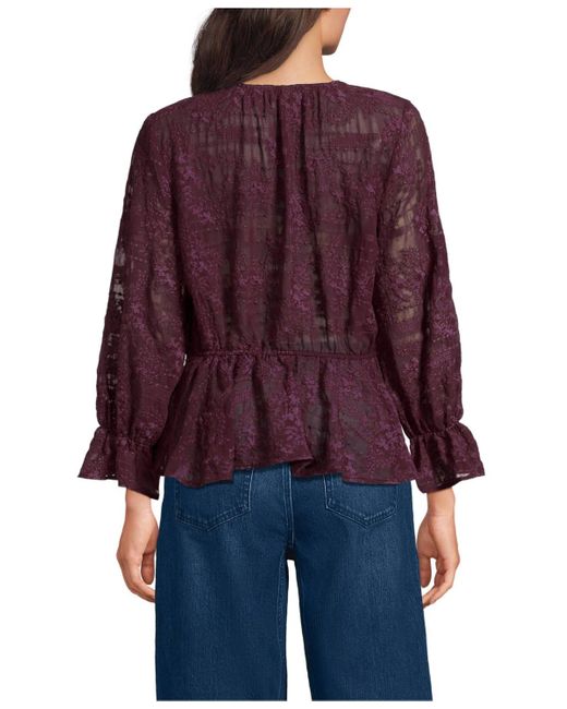 Lands' End Red Feminine Ruffle Chiffon V Neck Blouse