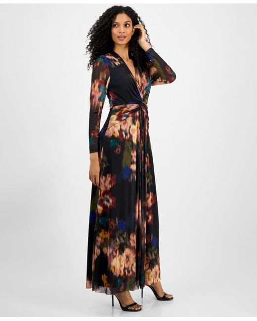 Anne Klein Multicolor Printed Twist-front Long-sleeve Maxi Dress