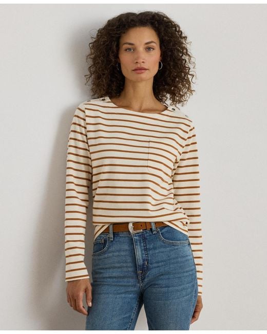 Ralph Lauren Natural Striped Jersey Snap Trim Boatneck Top P Xs Xxl
