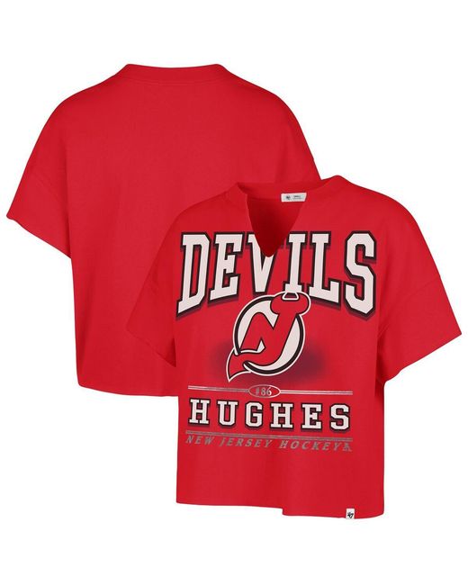 '47 Red Jack Hughes New Jersey Devils Elation Name Number Oversized Notch Neck T-shirt