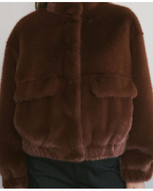 Mango Brown Pockets Faux-fur Jacket