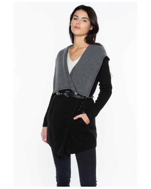 Jennie Liu Black 100% Pure Cashmere Long Sleeve 2-tone Double Face Cascade Open Cardigan Sweater