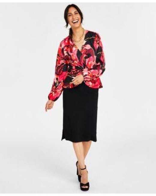 INC International Concepts Red Printed Twist Front Blouse Pencil Skirt Ninel Platform Sandals Created For Macys
